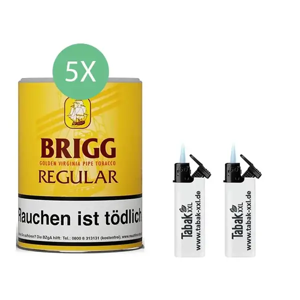 Brigg Pfeifentabak Regular 5 x Dose mit wählbaren Feuerzeugen