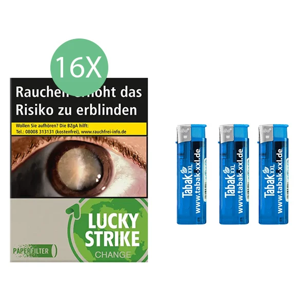 16x Lucky Strike Zigaretten Change Green Giga 3x Elektro-Feuerzeuge