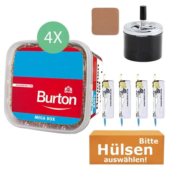 Burton Tabak Red 4 x Mega Box mit wählbaren Hülsen und Aschenbecher Burton Tabak Red 4 x Mega Box mit wählbaren Hülsen und Aschenbecher