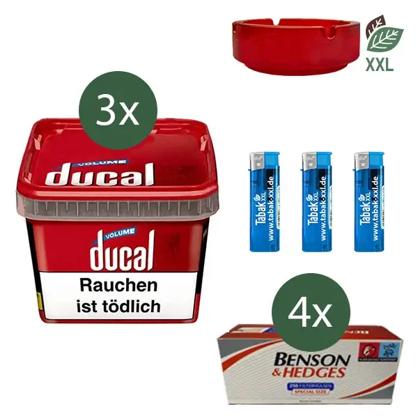 Ducal Volumentabak Red 3 x Eimer mit 1000 Special Size Filterhülsen und Aschenbecher