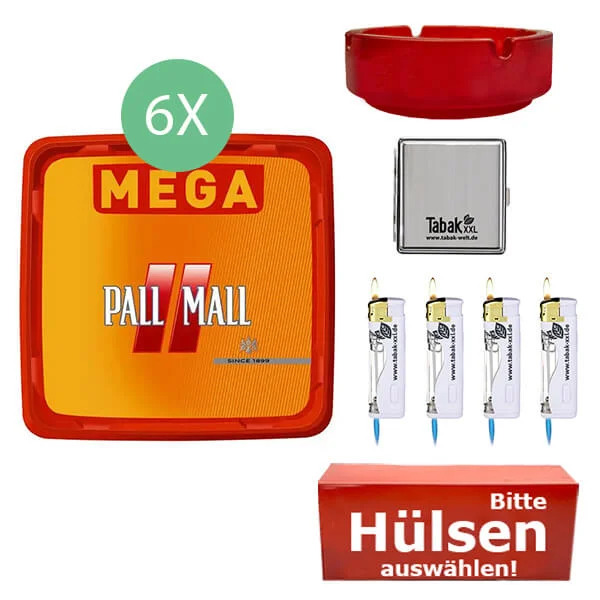 Pall Mall Tabak 6 x Mega Box mit wählbaren Hülsen und Etui Pall Mall Tabak 6 x Mega Box mit wählbaren Hülsen und Etui
