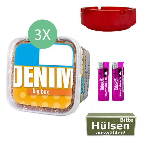 Denim Tabak 3 x Big Box mit wählbaren Hülsen und Glasaschenbecher Denim Tabak 3 x Big Box mit wählbaren Hülsen und Glasaschenbecher