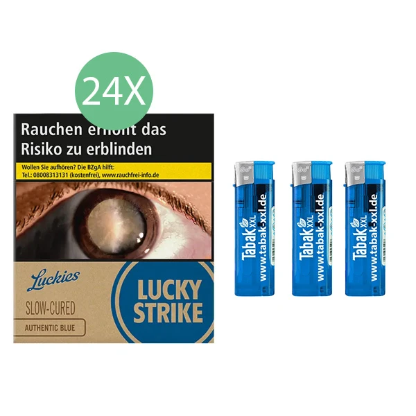 24x Lucky Strike Zigaretten Authentic Blue Giga 3x Elektro-Feuerzeuge 24x Lucky Strike Zigaretten Authentic Blue Giga 3x Elektro-Feuerzeuge