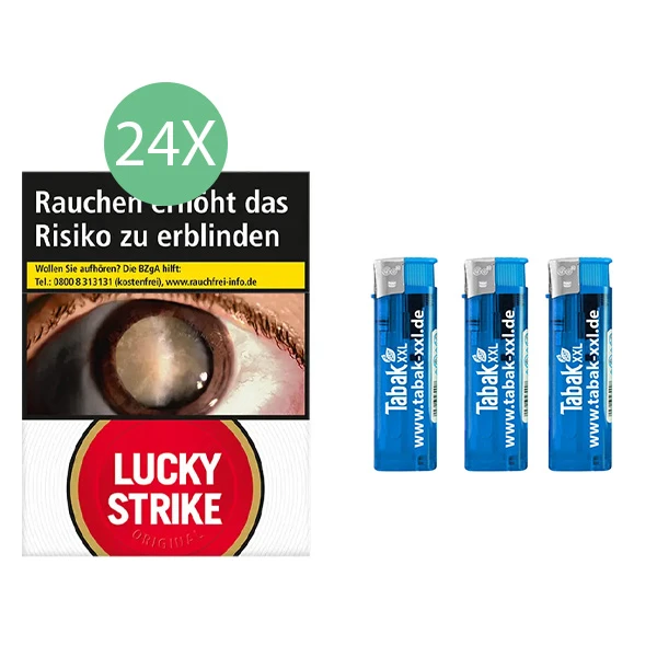 24x Lucky Strike Zigaretten Red Giga 3x Elektro-Feuerzeuge 24x Lucky Strike Zigaretten Red Giga 3x Elektro-Feuerzeuge