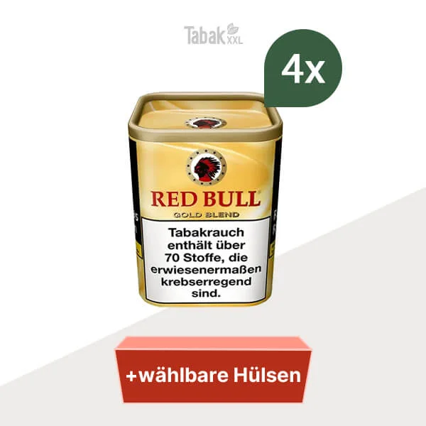 4x Red Bull Gold Blend Feinschnitt-Tabak Dose mit wählbarem Hülsen 4x Red Bull Gold Blend Feinschnitt-Tabak Dose mit wählbarem Hülsen