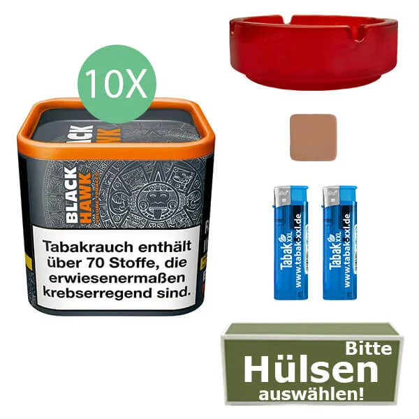 Black Hawk Tabak 10 x Dose mit wählbaren Hülsen und Glasaschenbecher Black Hawk Tabak 10 x Dose mit wählbaren Hülsen und Glasaschenbecher
