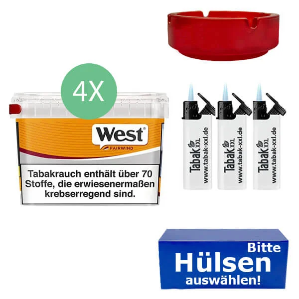 West Tabak Yellow 4 x Mega Box mit wählbaren Hülsen und Aschenbecher West Tabak Yellow 4 x Mega Box mit wählbaren Hülsen und Aschenbecher