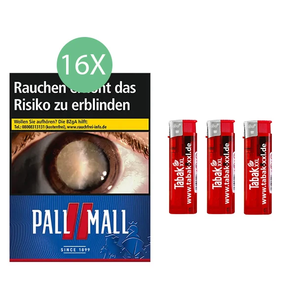 16x Pall Mall Zigaretten Red Giga + 3x Elektro-Feuerzeuge