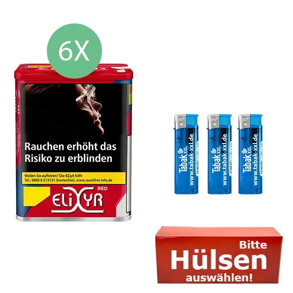 Elixyr Tabak Red 6 x Dose mit wählbaren Hülsen und Feuerzeugen Elixyr Tabak Red 6 x Dose mit wählbaren Hülsen und Feuerzeugen