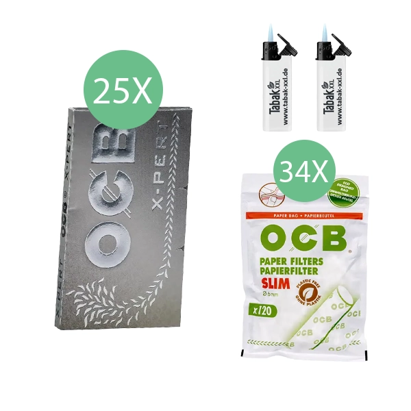 25x-ocb-blaettchen-x-pert-double-100-blatt-+-34x-ocb-papier-slim-filter-+-2x-sturmfeuerzeuge