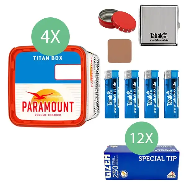 Paramount Volumentabak Red 4 x Titan Box mit 3000 Special Size Filterhülsen und Etui