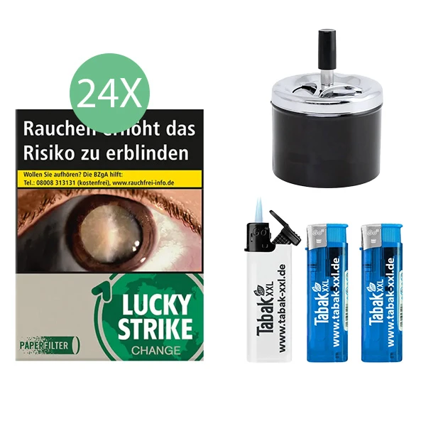 24x Lucky Strike Zigaretten Change Dark Green Giga 2x Elektro-Feuerzeuge 1x Sturmfeuerzeug 1x Aschenbecher