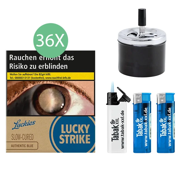 36x Lucky Strike Zigaretten Authentic Blue Giga 2x Elektro-Feuerzeuge 1x Sturmfeuerzeug 1x Aschenbecher 36x Lucky Strike Zigaretten Authentic Blue Giga 2x Elektro-Feuerzeuge 1x Sturmfeuerzeug 1x Aschenbecher