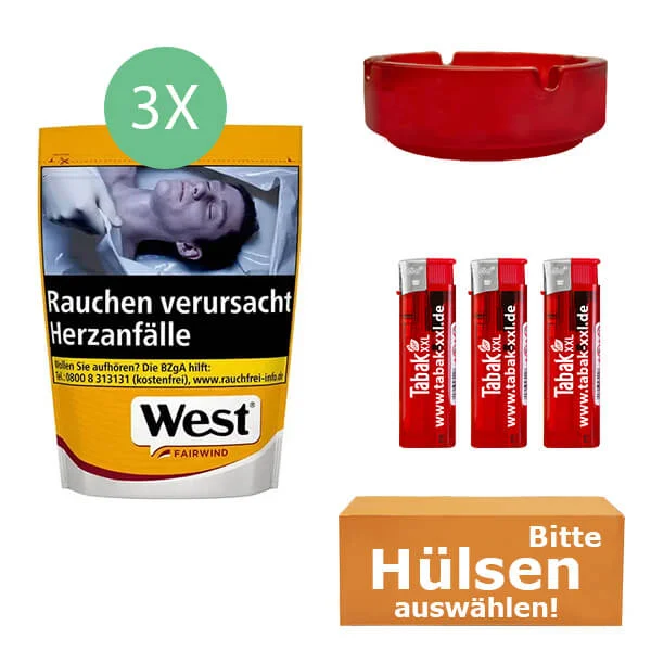West Tabak Yellow L 3 x Beutel mit wählbaren Hülsen und Aschenbecher West Tabak Yellow L 3 x Beutel mit wählbaren Hülsen und Aschenbecher
