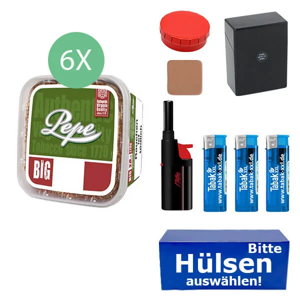 Pepe Tabak Rich Green 6 x Eimer mit wählbaren Hülsen und Etui Pepe Tabak Rich Green 6 x Eimer mit wählbaren Hülsen und Etui