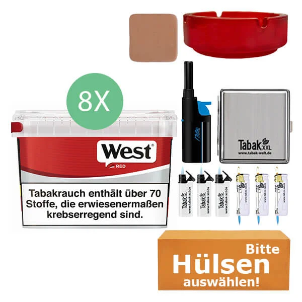 West Tabak Red 8 x Mega Box mit wählbaren Hülsen und Stabfeuerzeug West Tabak Red 8 x Mega Box mit wählbaren Hülsen und Stabfeuerzeug