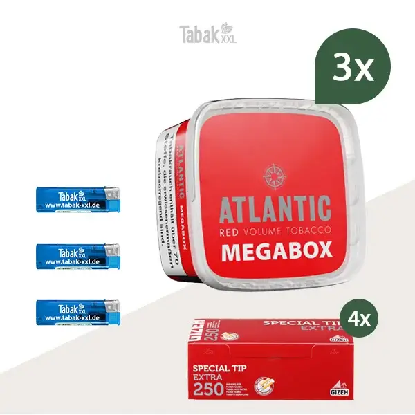 3x Atlantic Volumentabak Red Megabox mit 1000 Special Tip Extra Size Hülsen 3x Atlantic Volumentabak Red Megabox mit 1000 Special Tip Extra Size Hülsen