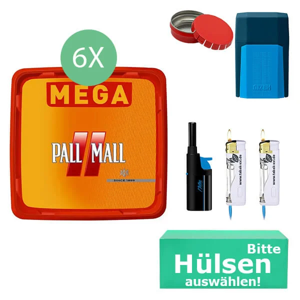 Pall Mall Tabak 6 x Mega Box mit wählbaren Hülsen und Etui Pall Mall Tabak 6 x Mega Box mit wählbaren Hülsen und Etui