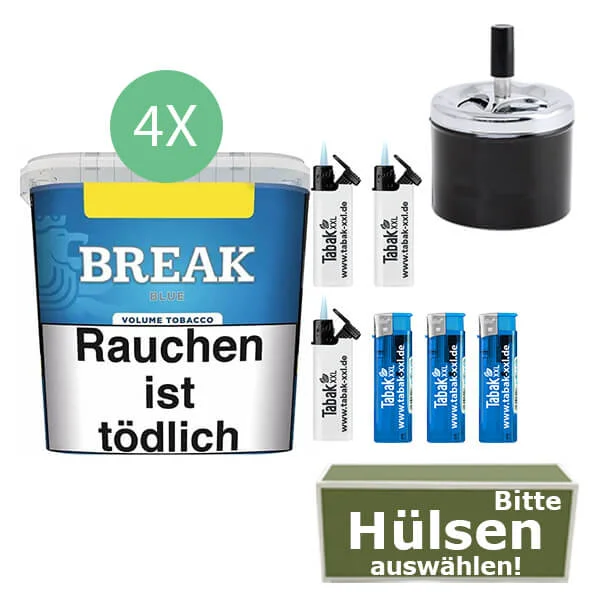 Break Tabak Blue 4 x Giga Box mit wählbaren Hülsen und Drehaschenbecher