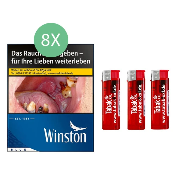 8x Winston Zigaretten Blue 5XL 3x Elektro-Feuerzeuge 8x Winston Zigaretten Blue 5XL 3x Elektro-Feuerzeuge