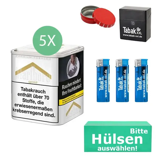 Marlboro Tabak Gold 5 x Dose mit wählbaren Filterhülsen und Etui 