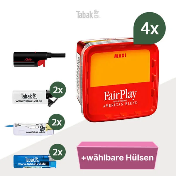 4x FairPlay Volumentabak Maxi Box mit wählbaren Filterhülsen und Stabfeuerzeug