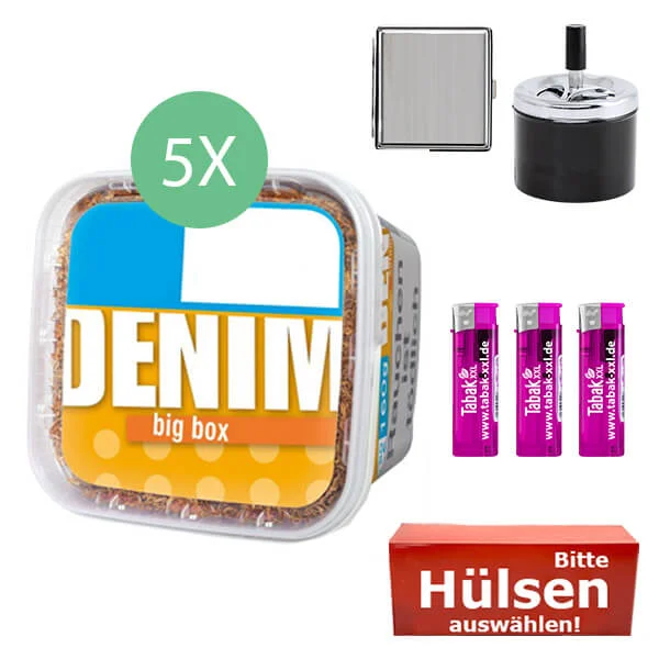Denim Tabak 5 x Big Box mit wählbaren Hülsen und Drehaschenbecher Denim Tabak 5 x Big Box mit wählbaren Hülsen und Drehaschenbecher
