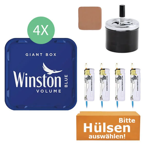 Winston Tabak Blue 4 x Giant Box mit wählbaren Hülsen und Drehaschenbecher