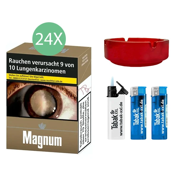 24x Magnum Zigaretten Gold Maxi + 2x Elektro-Feuerzeuge + 1x Sturmfeuerzeug + 1x Aschenbecher 24x Magnum Zigaretten Gold Maxi + 2x Elektro-Feuerzeuge + 1x Sturmfeuerzeug + 1x Aschenbecher