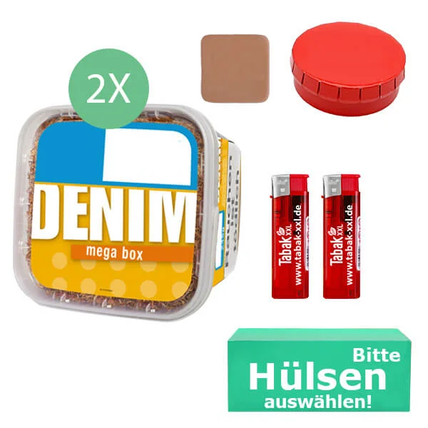 Denim Tabak 2 x Mega Box mit wählbaren Hülsen und Aschenbecher Denim Tabak 2 x Mega Box mit wählbaren Hülsen und Aschenbecher