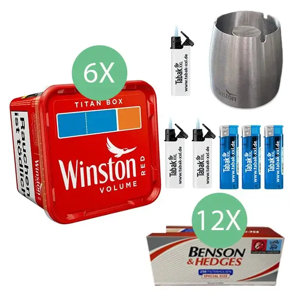 Winston Volumentabak Red 6 x Titan Box mit 3000 Special Size Filterhülsen und Metallaschenbecher