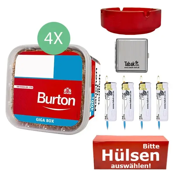 Burton Tabak Red 4 x Giga Box 400g mit wählbaren Hülsen und Metalletui Burton Tabak Red 4 x Giga Box 400g mit wählbaren Hülsen und Metalletui