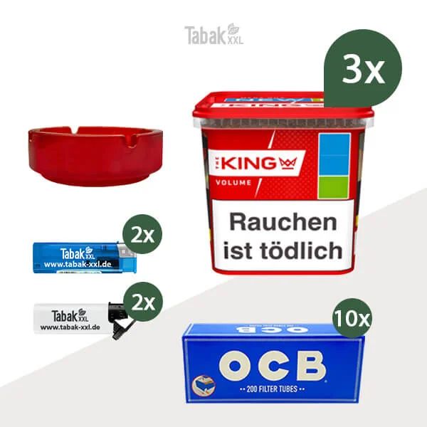 3x King Volumentabak Red Mega-Box mit 2000 Filterhülsen und Glasaschenbecher