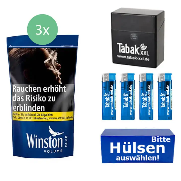 Winston Tabak Blue 3 x Beutel mit wählbaren Hülsen und Etui Winston Tabak Blue 3 x Beutel mit wählbaren Hülsen und Etui