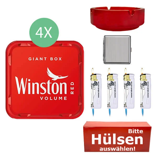 Winston Tabak Red 4 x Giant Box mit wählbaren Hülsen und Metall Etui