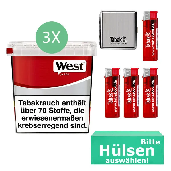 West Tabak Red 3 x Giga Box mit wählbaren Hülsen und Etui West Tabak Red 3 x Giga Box mit wählbaren Hülsen und Etui
