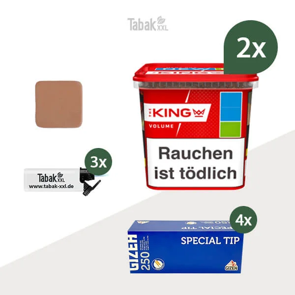 2x King Volumentabak Red Mega-Box mit 1000 King Size Filterhülsen und Tabakbefeuchter