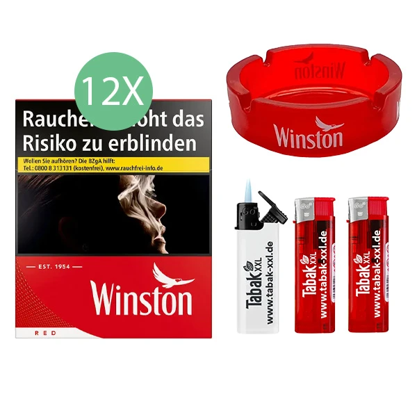 12x Winston Zigaretten Red 5XL 2x elektro Feuerzeuge 1x Sturmfeuerzeug 1x Glasaschenbecher