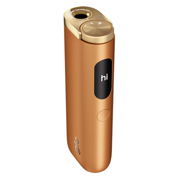 glo_hyper_pro_amber_bronze_device_top_plus_sticks Die Glo Hyper Pro in der Farbe Amber Bronze von oben im Aktionspack mit Sticks