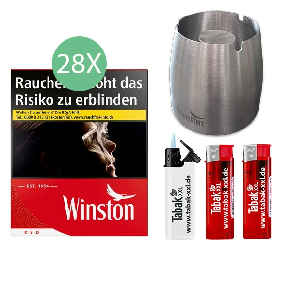 28x Winston Zigaretten Red 5XL 2x elektro Feuerzeuge 1x Sturmfeuerzeug 1x Metallaschenbecher