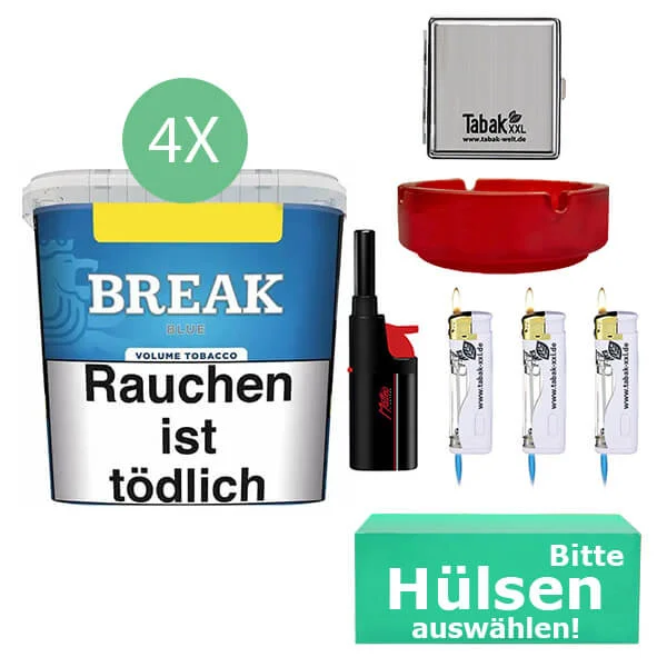 Break Tabak Blue 4 x Giga Box mit wählbaren Hülsen und Metalletui Break Tabak Blue 4 x Giga Box mit wählbaren Hülsen und Metalletui