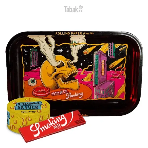 Smoking Set Tray + Grinder + Blättchen Red King Size XL 33 Blatt