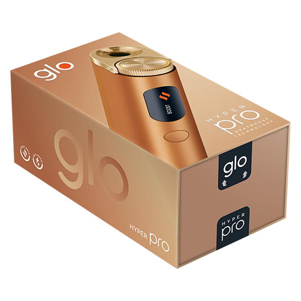 Die Glo Hyper Pro in der Farbe Amber Bronze in Verpackung horizontal ausgerichtet im Aktionspack mit Sticks