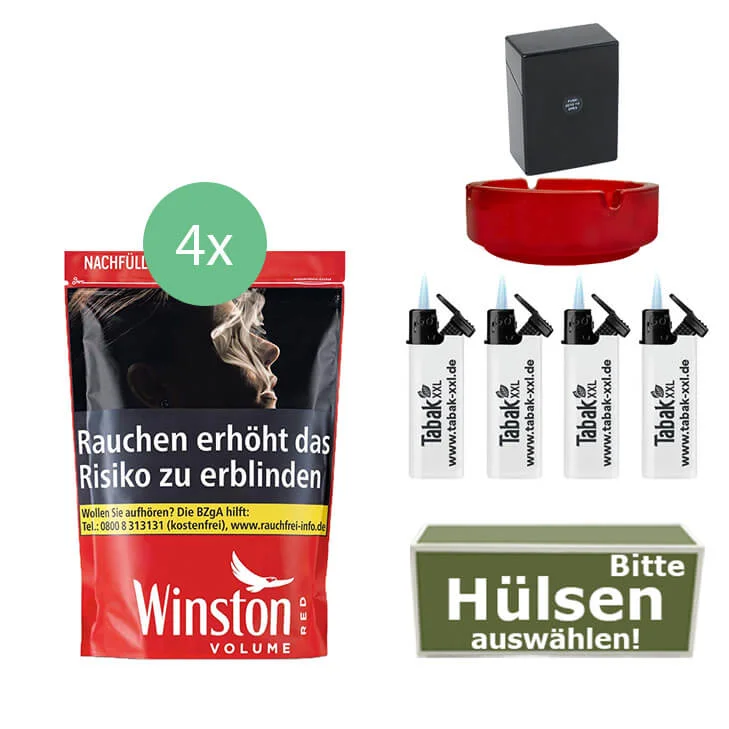 Winston Tabak Red XXL 4 x Beutel mit wählbaren Hülsen und Etui