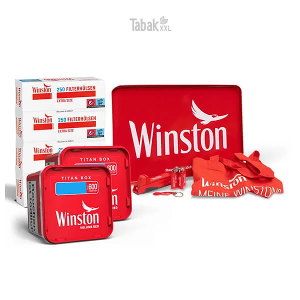 2x Winston Volumentabak Red Titan Box mit 1000 Extra Filterhülsen und Stofftasche