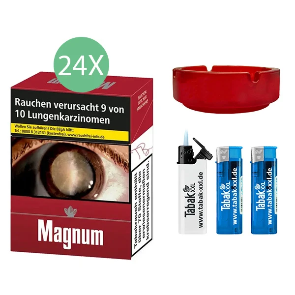 24x Magnum Zigaretten Red Maxi + 2x Elektro-Feuerzeuge + 1x Sturmfeuerzeug + 1x Aschenbecher 24x Magnum Zigaretten Red Maxi + 2x Elektro-Feuerzeuge + 1x Sturmfeuerzeug + 1x Aschenbecher