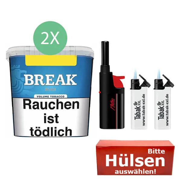 Break Tabak Blue 2 x Giga Box mit wählbaren Hülsen und Stabfeuerzeug Break Tabak Blue 2 x Giga Box mit wählbaren Hülsen und Stabfeuerzeug
