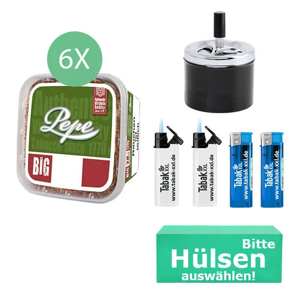 Pepe Tabak Rich Green 6 x Eimer mit wählbaren Hülsen und Drehaschenbecher Pepe Tabak Rich Green 6 x Eimer mit wählbaren Hülsen und Drehaschenbecher