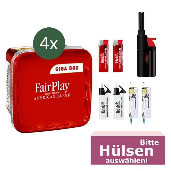 FairPlay Volumentabak 4 x Giga Box mit wählbaren Filterhülsen und Stabfeuerzeug