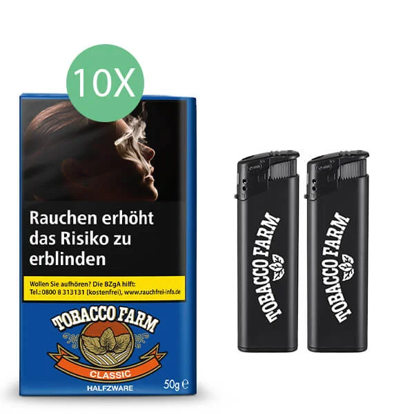 Tobacco Farm Halfzware Tabak 10 x Pouch mit Feuerzeugen Tobacco Farm Halfzware Tabak 10 x Pouch mit Feuerzeugen